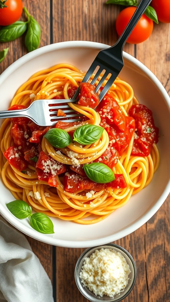 Spaghetti with tomato basil sauce, garnished with basil and Parmesan cheese on a wooden table.
